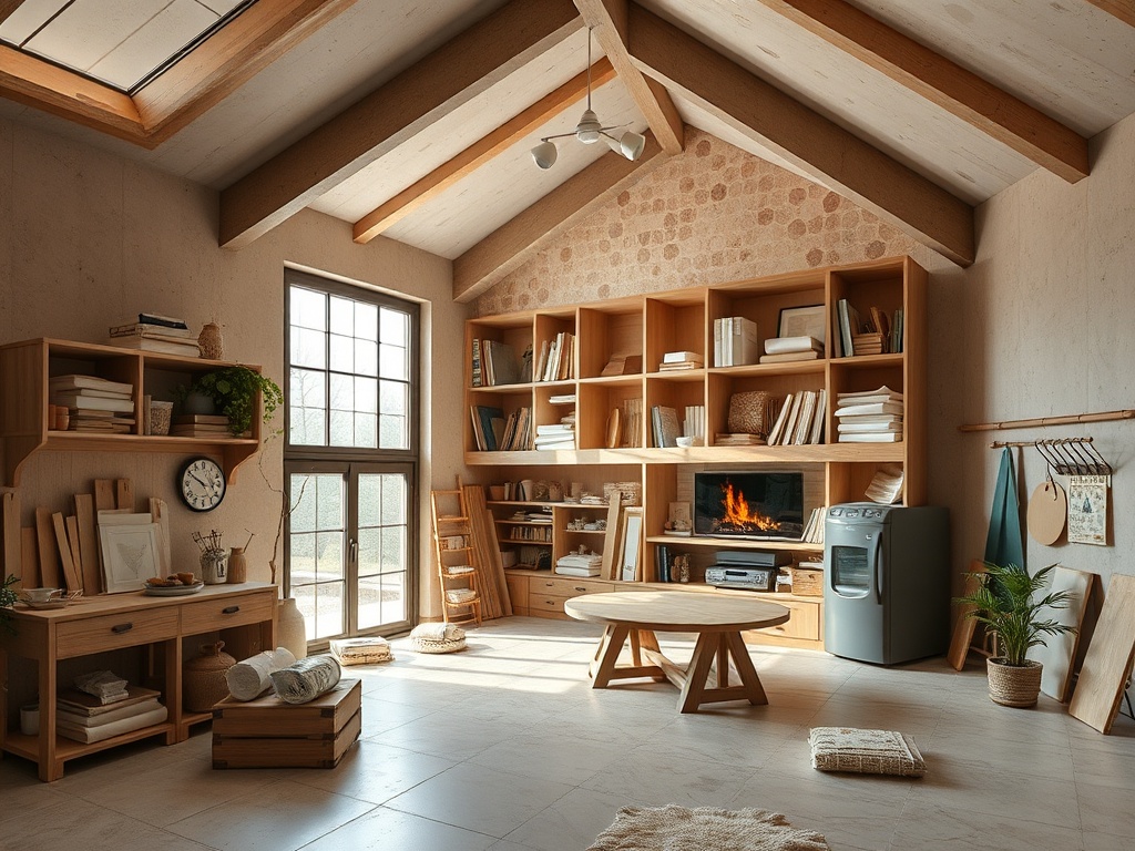 Светлая комната с деревянными полками, столом и уютным камином. Множество книг и растений.