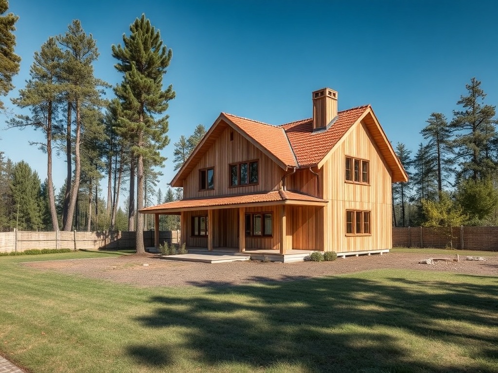 Деревянный дом с красной крышей, окружённый деревьями и зелёным газоном под ясным голубым небом.