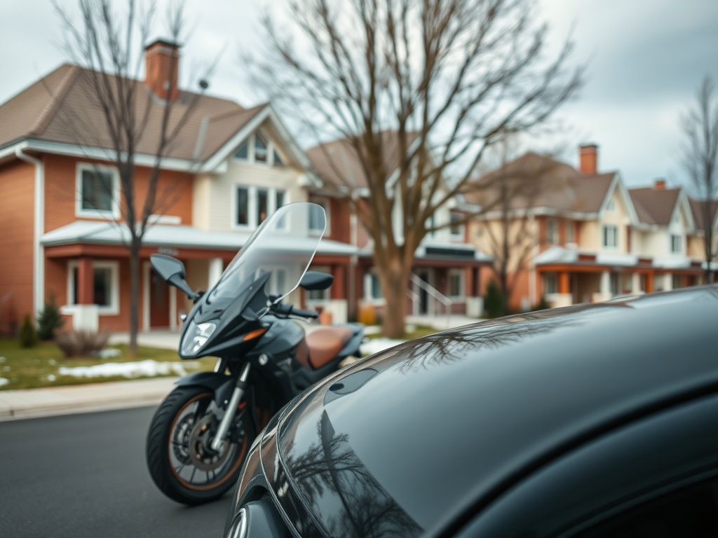 На переднем плане мотоцикл, на заднем фоне жилые дома и деревья в спокойной городской обстановке.