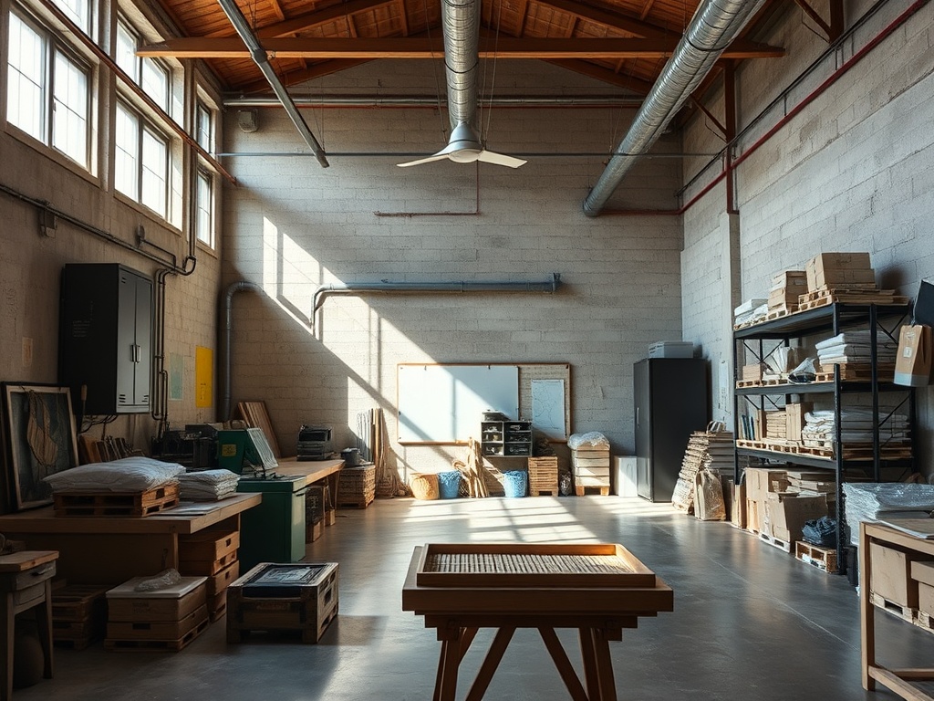 Светлое и просторное помещение с рабочими столами и полками, заполненным материалами и инструментами.