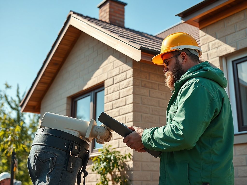 На изображении строитель в каске, работающий с инструментом у дома под солнечным светом.