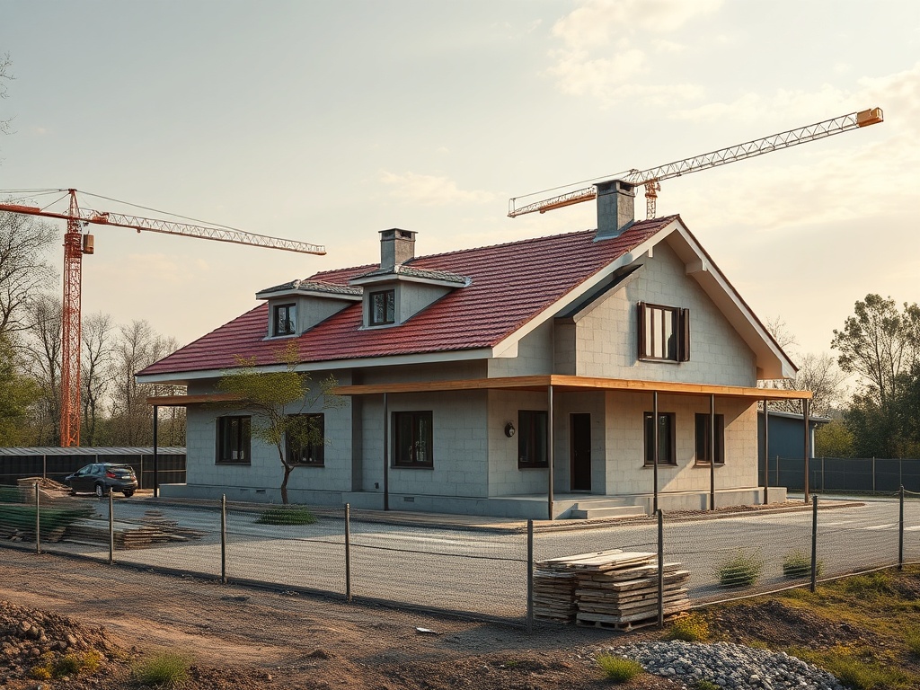 Строящийся дом с красной крышей, окружающий лес и строительные краны на фоне.