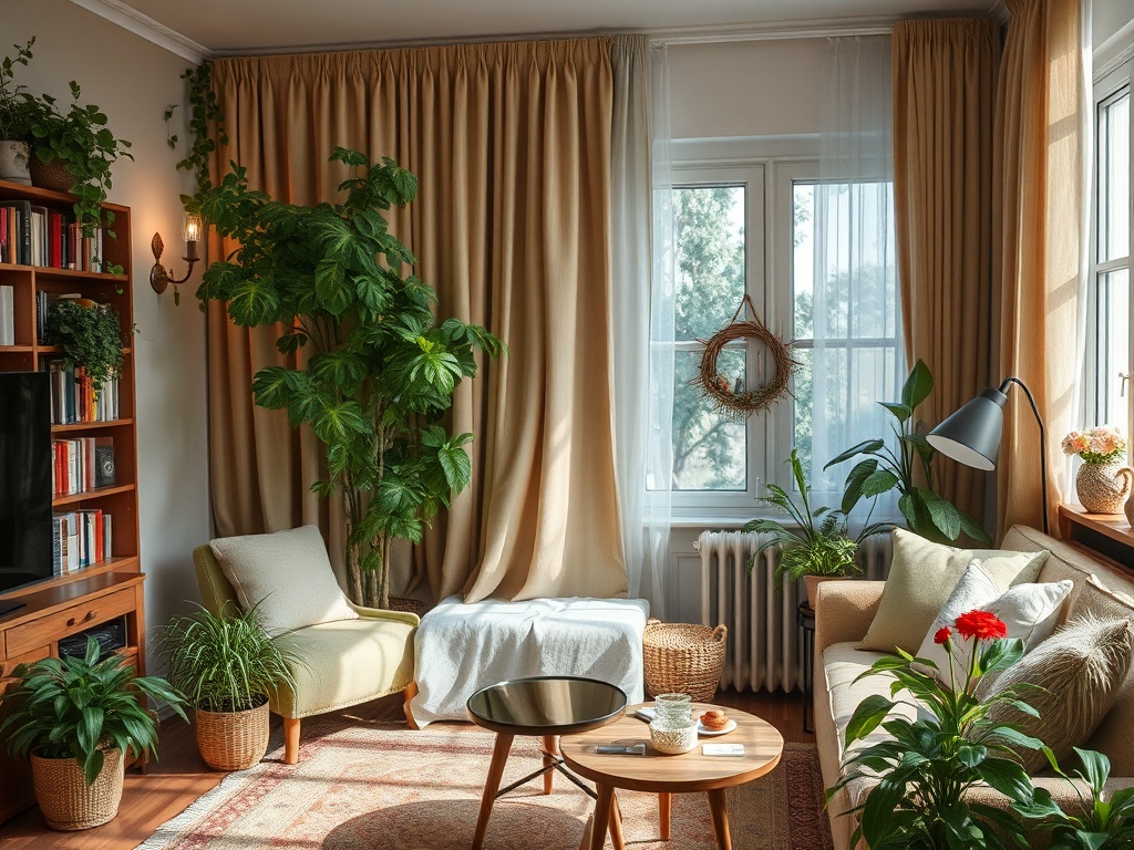 Уютная комната с растениями, мягкой мебелью и светлыми шторами у окна, создающая теплую атмосферу.