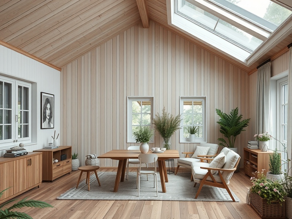 Светлая комната с деревянными стенами, столом, стульями и зелеными растениями. Уютная и стильная обстановка.