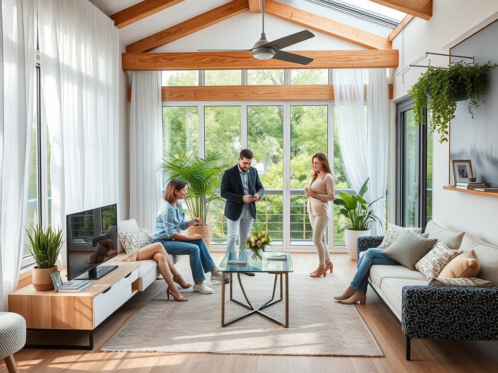 В светлом помещении три человека обсуждают что-то, в окружении зелени и уютной мебели.