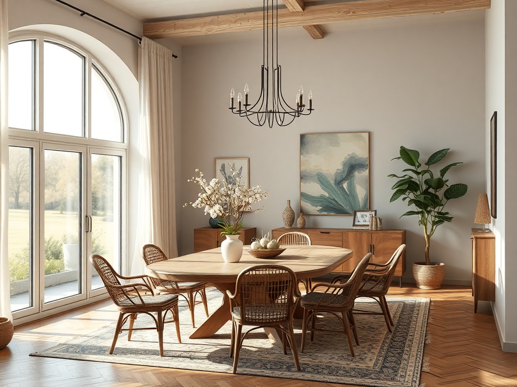 Уютная столовая с деревянным столом, креслами и большим окном, через которое видно природу за пределами.