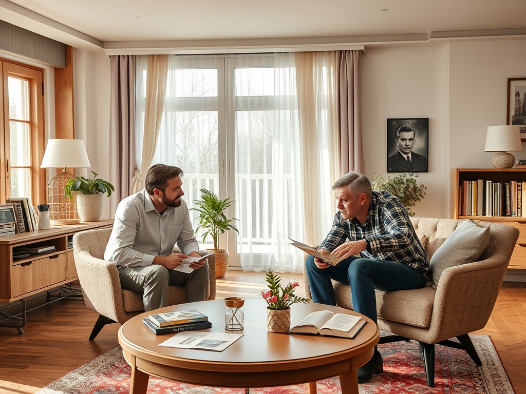 Два мужчины беседуют в уютной гостиной, один читает книгу, другой внимательно слушает.
