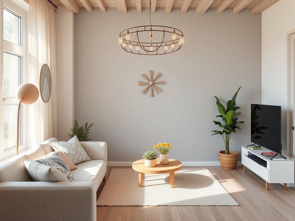 Светлый и современный интерьер с диваном, телевизором и растениями. Естественное освещение и уютная атмосфера.