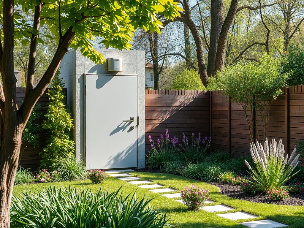 Сад с зелеными растениями и дорожкой к двери на фоне деревянного забора и деревьев. Весеннее утро.