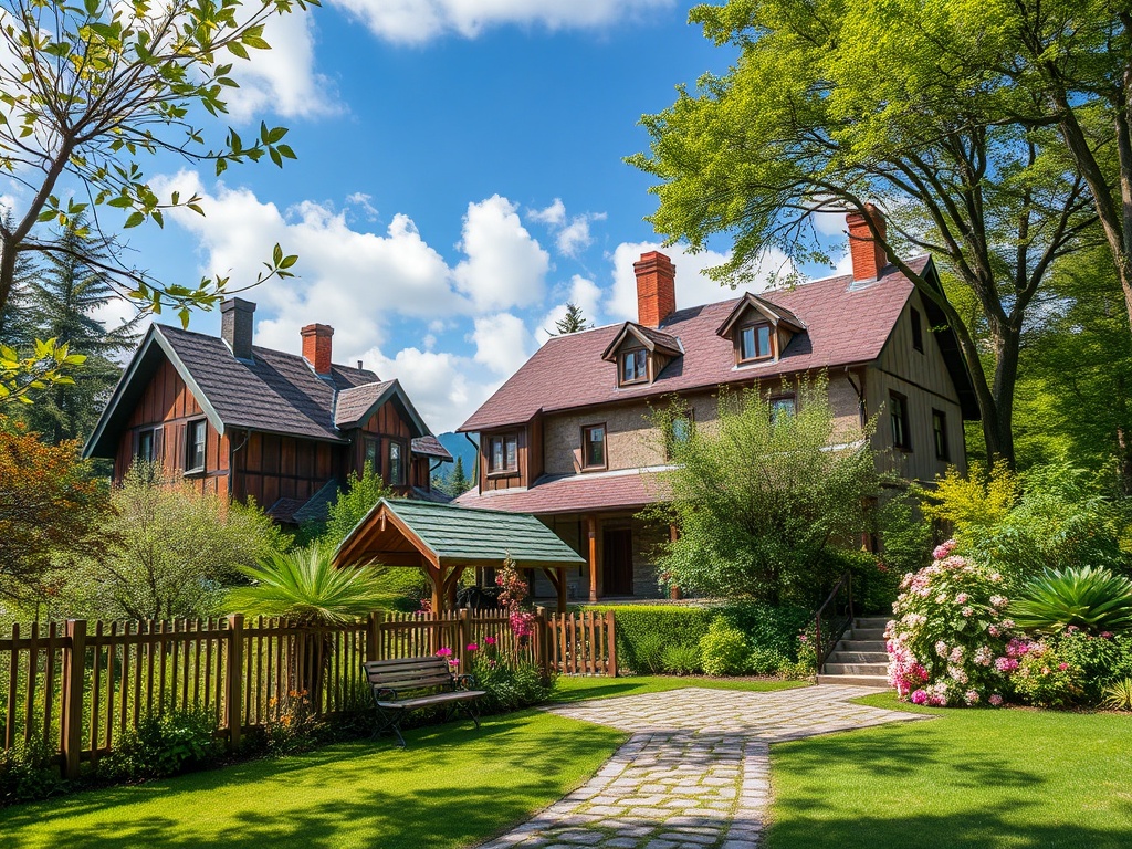 Два красивых дома с ухоженным садом и яркими цветами на фоне голубого неба.