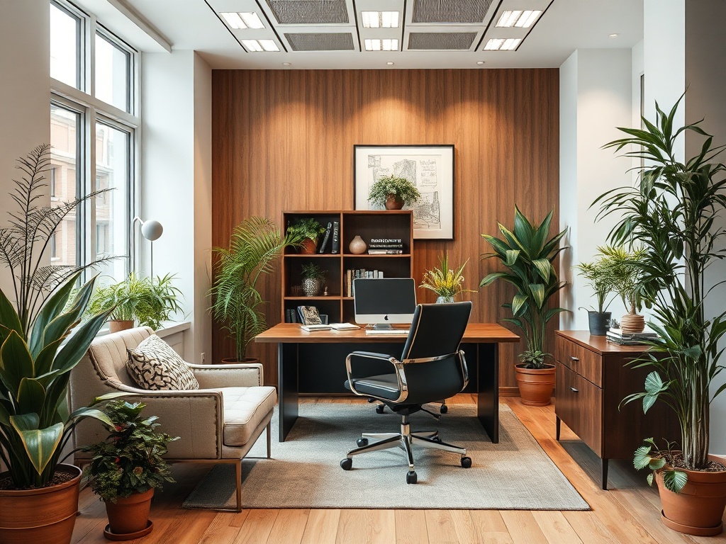 Современный офис с деревянной стеной, растениями и стильной мебелью. Яркое освещение и уютная атмосфера.