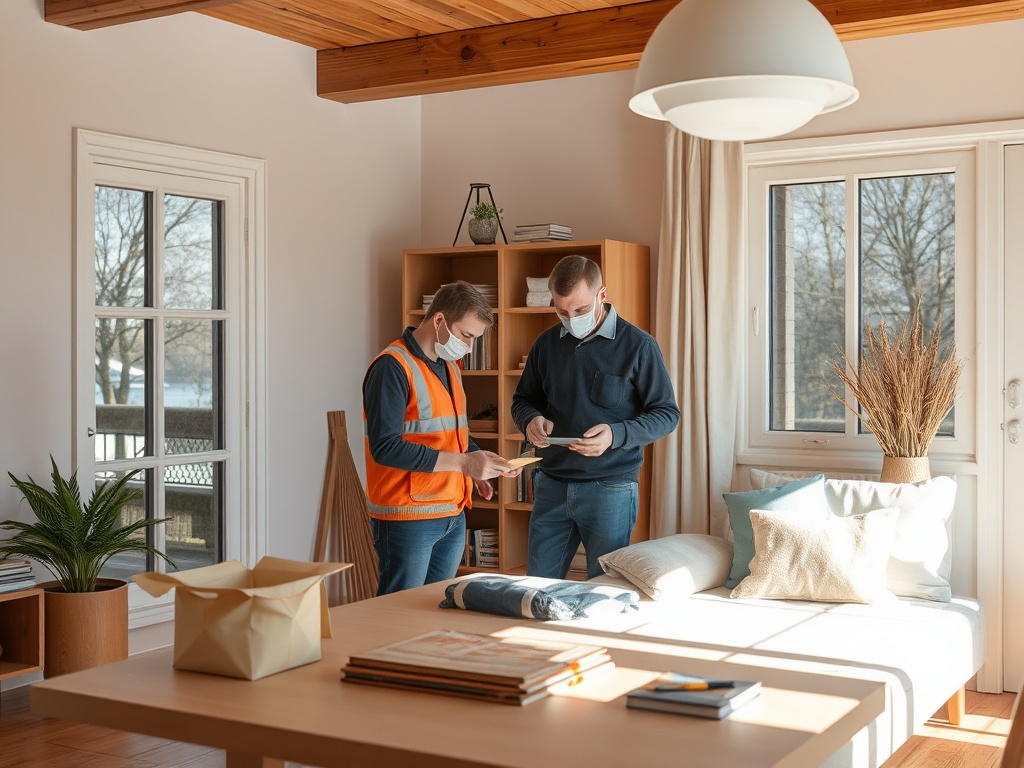 Два человека в масках обсуждают документы в уютной комнате с окнами и растениями.