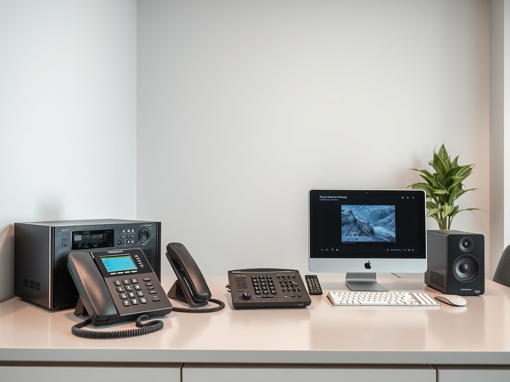 Современный офисный стол с телефоном, компьютером и акустикой рядом с растением в горшке.