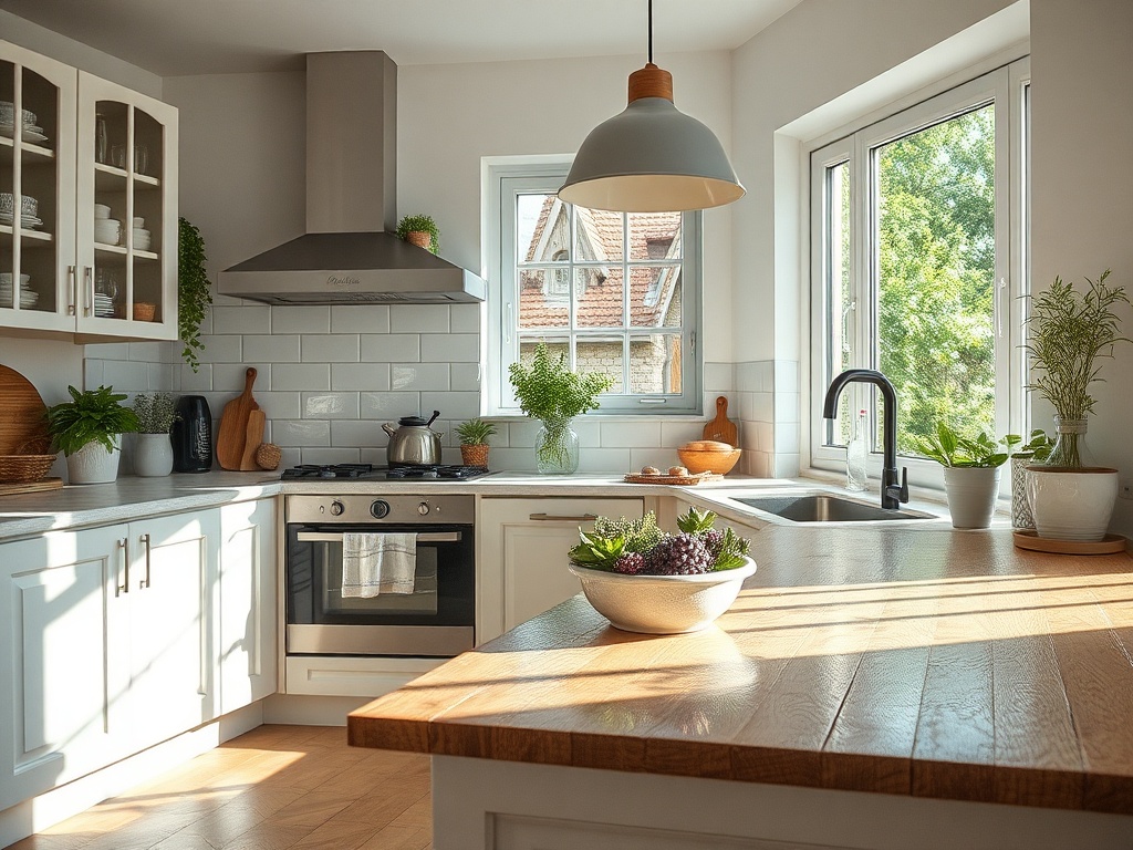 Светлая кухня с деревянным столом, горшечными растениями и уютной атмосферой, наполняющей пространство.